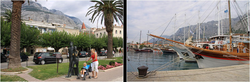 Makarska: Vierkpfige Familie an der Promenade (li), Schiffe am Hafen (re). / Makarska: family of four on the front (l), ships in the harbour (r