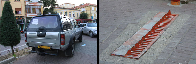 In GB registrierter Wagen zum Verkaufen (li), Nagelsperre verhindert Falschfahrer bei einer Ausfahrt in Pogradec (re). / One of many UK-registered vehicles in Albania.(l),  Spike strip stops drivers incorrectly entering an exit in Pogradec (r).